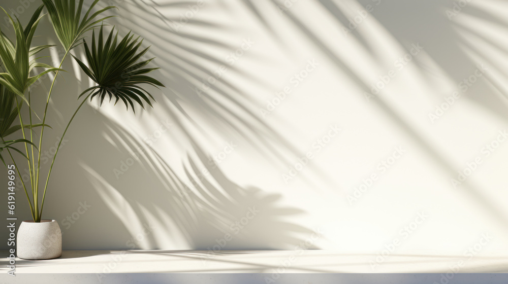 For premium hygienic organic cosmetic, skincare & beauty treatment product background, minimal white counter podium with soft gorgeous dappled sunshine and tropical palm foliage leaf shadow on wall For premium hygienic organic cosmetic, skincare & beauty treatment product background, minimal white counter podium with soft gorgeous dappled sunshine and tropical palm foliage leaf shadow on wall
