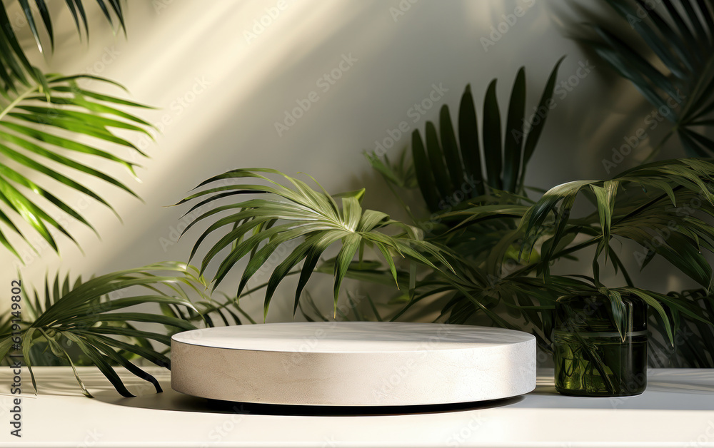 cylinder product display pedestal podium with realistic 3D representation for skincare and beauty items. Shadows cast by tropical leaves in the sunlight. circle, display, stage, and template 