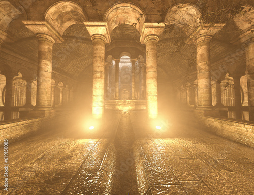 A 3d rendered fantasy illustration of the interior of a sacred temple with majestic pillars and atmospheric light   photo