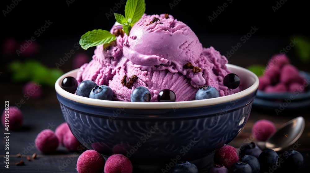 Ice cream balls of Blueberry and fruits close up. Food photography. Horizontal format. AI generated. Ice cream balls of Blueberry and fruits close up. Food photography. Horizontal format. AI generated.