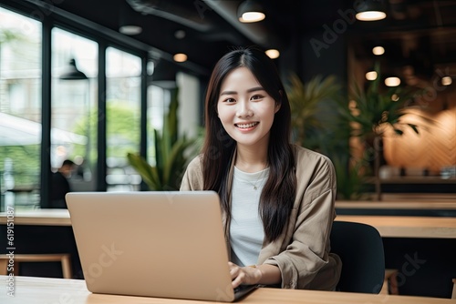 Free Download Portait of Asian business woman smile with computer laptop. Generative AI - GFXLoad