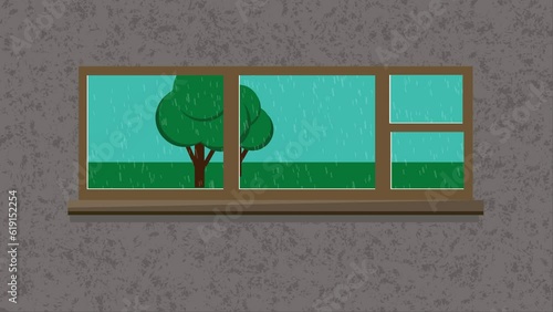 Rainy window animation. Tree outside the window. Flat vector illustration in cartoon style.