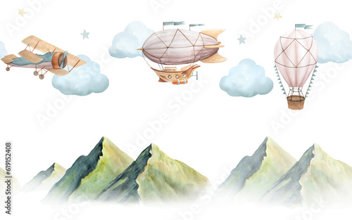 Seamless banner with watercolor illustration of picturesque green mountains and vintage plane, hot air balloon and airship with clouds isolated