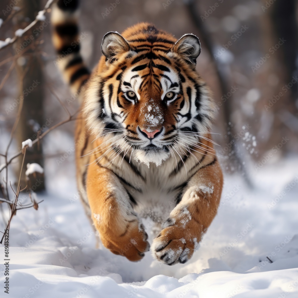 Obraz premium tiger running in a snowy landscape 