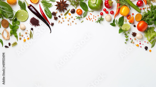 Frame made of different vegetables, herbs and spices, with copy space