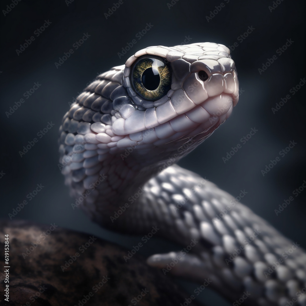 Portrait of a beautiful gray black snake looking into the camera. Generative ai. Portrait of a beautiful gray black snake looking into the camera. Generative ai.