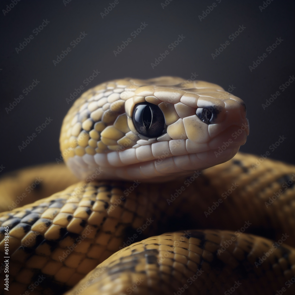 Portrait of a beautiful yellow and black snake looking into the camera. Generative ai. Portrait of a beautiful yellow and black snake looking into the camera. Generative ai.