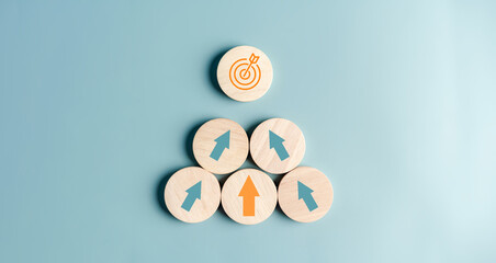 Business growth success achievement concept, arranging wooden block stacking as step stair or ladder for planning development leadership and customer target group concept.