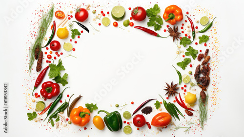 Frame made of different vegetables  herbs and spices  with copy space