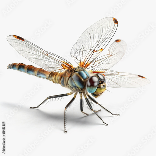 Macro detail of a colorful isolated dragonfly (Anisoptera and Zygoptera) on a white background. Generative ai. © Modern Artizen