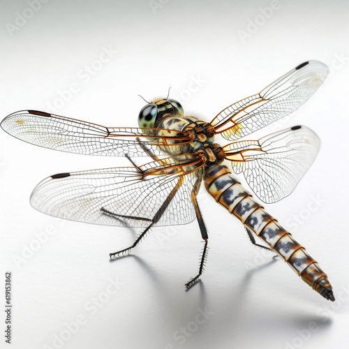 Macro detail of a colorful isolated dragonfly (Anisoptera and Zygoptera) on a white background. Generative ai.