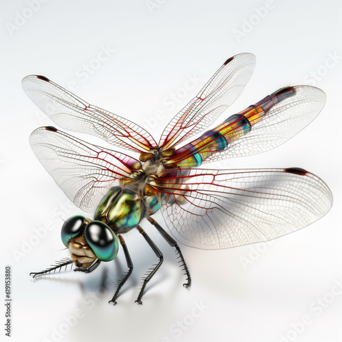 Macro detail of a colorful isolated dragonfly (Anisoptera and Zygoptera) on a white background. Generative ai. © Modern Artizen