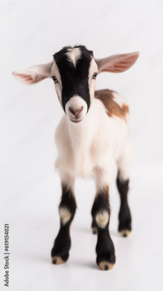 Portrait of an isolated baby goat kid (Capra aegagrus hircus) in a studio shot on a white background. Generative ai.