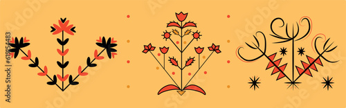 3 plant ornaments, tree of life, Ukrainian ornament, yellow red color