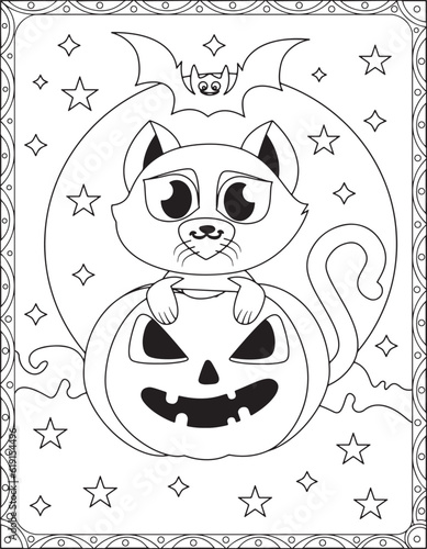 Fototapeta Naklejka Na Ścianę i Meble -  Halloween Coloring Pages,Halloween Cat Coloring pages for kids, Halloween illustration, Halloween Vector, Black and white, Cat illustation
