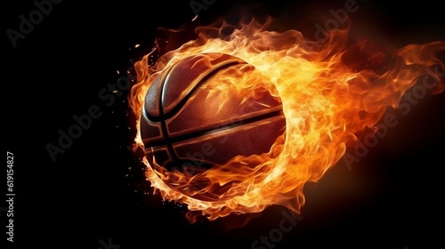 Flying basketball in flames background, 3D illustration, Ai Generative 