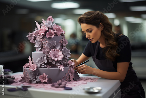 The pastry chef meticulously decorates a cake with intricate piping, delicate sugar flowers, or other edible decorations, turning it into a work of art that captivates both the eye Generative AI