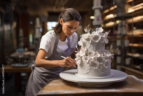 The pastry chef meticulously decorates a cake with intricate piping, delicate sugar flowers, or other edible decorations, turning it into a work of art that captivates both the eye Generative AI photo