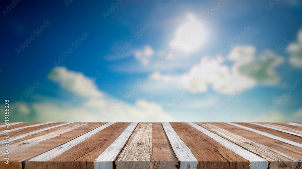 wooden table and blue skybackground, wallpaper, 3 rendering