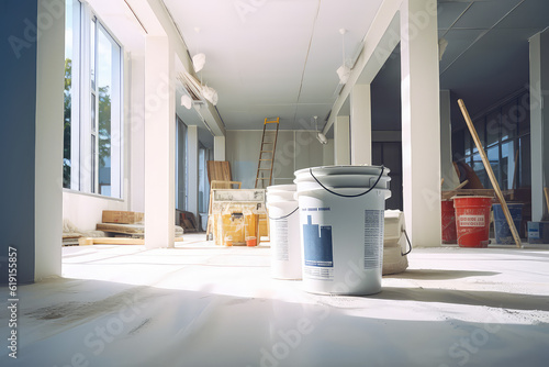An empty, minimal white sunny room in which repairs are being made. Paint cans, stepladder, building supplies. Creative concept for residential and commercial renovations. Copy space. Generative AI