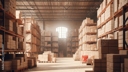 Generative AI : warehouse interior with shelves, pallets and boxes