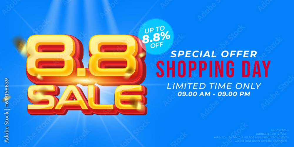 8.8 sale banner with 3D style editable text effect for web or social media
