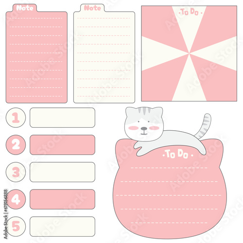 Cute blank paper notes. Stationery organizer set. Scrapbook notes and memo schedule.Printable planner stickers. To Do List sticky note pad. Digital planning element. Vector illustration.