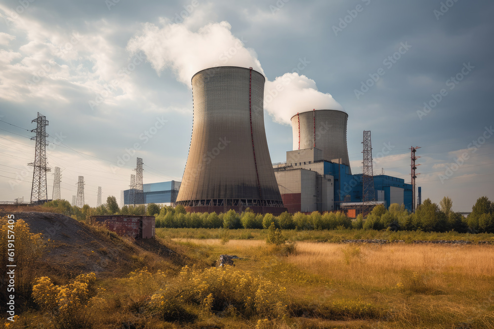 Nuclear power plant and cooling towers, AI Generated Nuclear power plant and cooling towers, AI Generated
