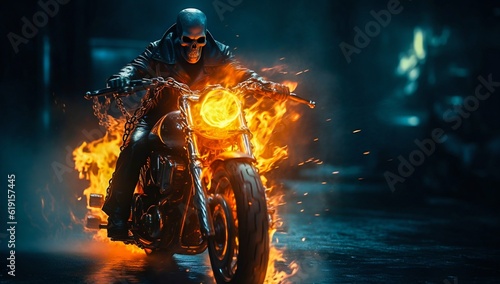 Fényképezés Ghost Rider with Flaming Motorcycle. Generative ai