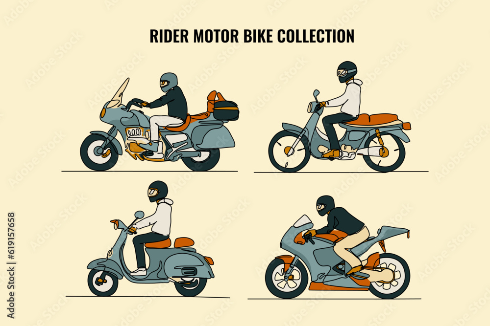 vector illustration royalty set collection of people riding motorcycles, bike design concept. modern continuous line drawing graphic design. vector illustration royalty set collection of motorcycles, 