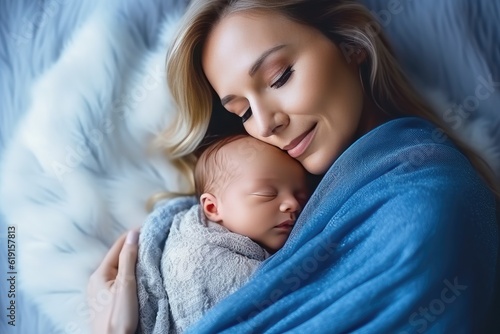 Woman holding adorable baby wrapped in blue blanket. Generative AI © YouraPechkin