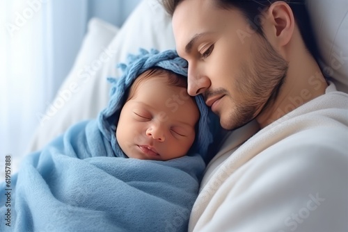 Man holding adorable baby wrapped in blue blanket. Generative AI