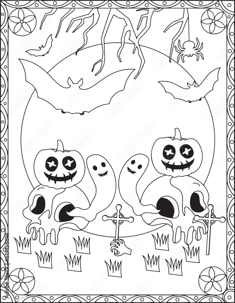Fototapeta premium Happy ghost and grinning jack-o-lanterns sit beside skulls isolated on a white.