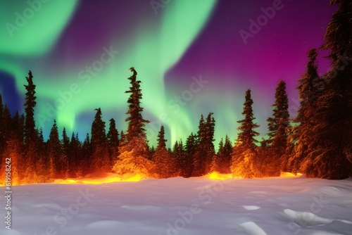 wallpaper, aurora borealis with the forest in the background, generative ai © GERARD