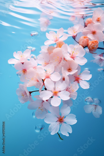 Creative floral composition under the water. Nature concept. Floral Greeting card. Spring flower background. Nature Trendy Decorative Design. Generative AI. photo