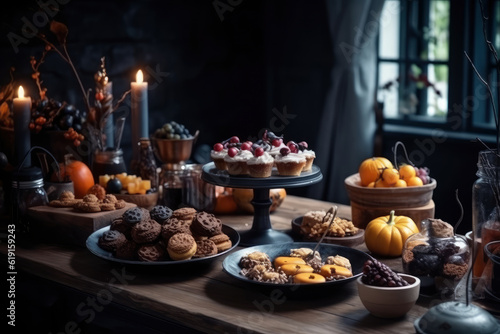 Cupcakes and other pastries at the Halloween celebration, AI Generated
