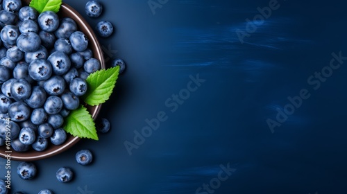 Blueberry on plate on blue background top view. Free space for text. Ai generated.