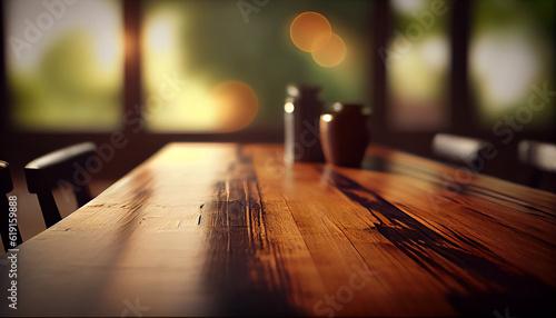 Empty wooden table top with blurred background Ai generated image