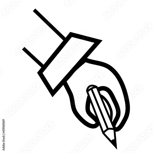 Icono de mano con lápiz. Mano sujetando lápiz. Dibujo a vector simple de línea negra. Mano pintando 