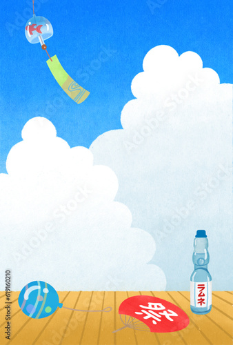 夏のイラスト素材　縁側と風鈴、ラムネに夏祭り