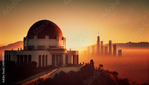 Griffith Observatory and Los Angeles at sunrise Ai generated image