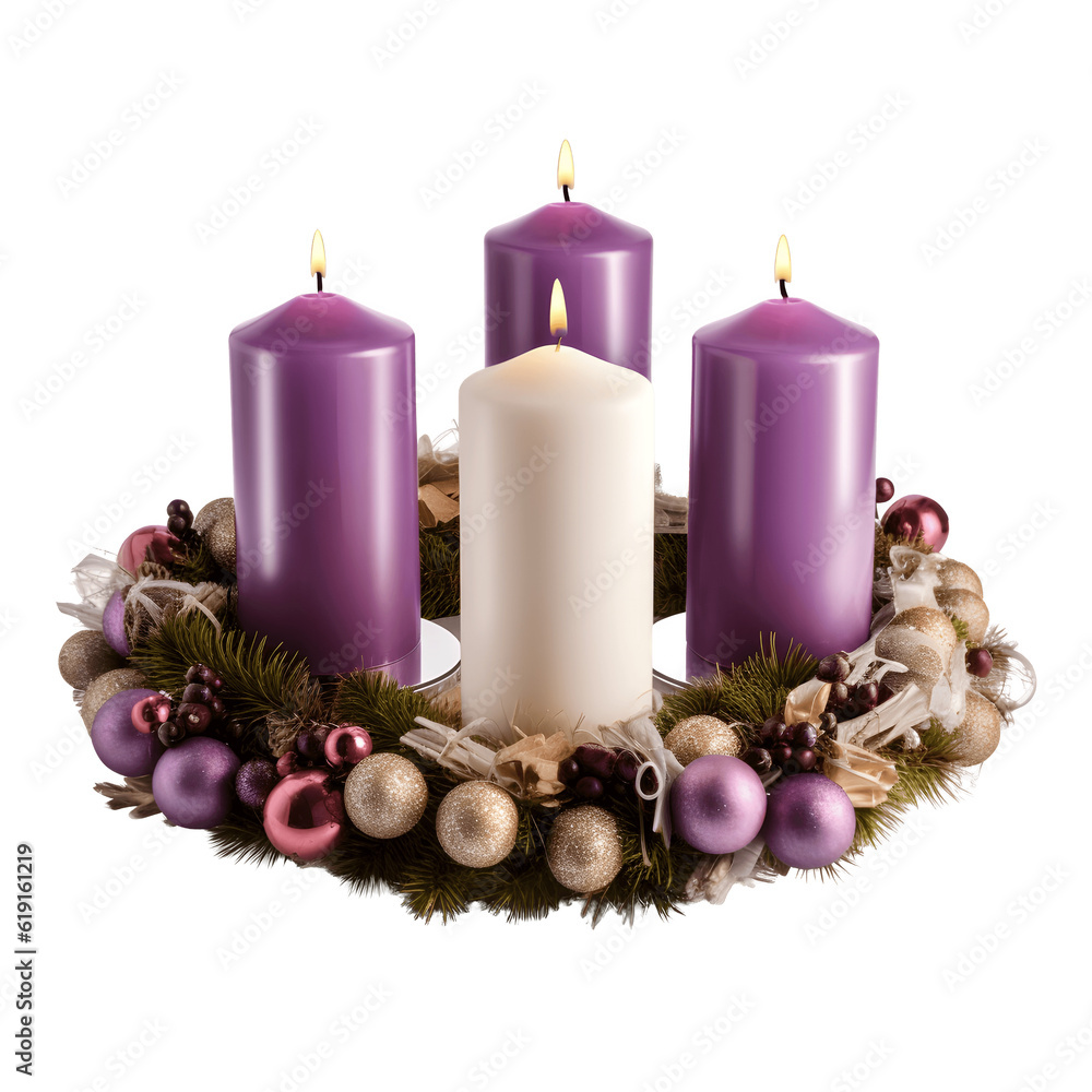 advent wreath with 4 pruple and white candles on transparent background