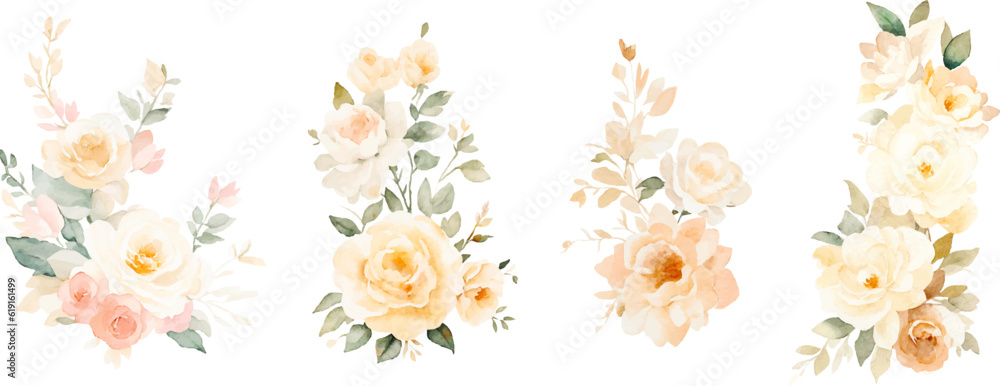 Vector watercolor floral bouquets with gentle beige flowers, neutral watercolor floral arrangement. Perfect for wedding invitations, packages, save the date