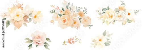 Vector watercolor floral bouquets with gentle beige flowers, neutral watercolor floral arrangement. Perfect for wedding invitations, packages, save the date