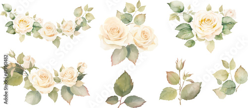 Watercolor vector hand painted bouquet with green  leaves and gentle roses. soft pink flower arrangement, Botanic decoration illustration for wedding card, fabric, and logo composition
