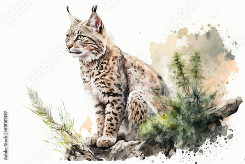 The red lynx or bobcat sitting on a rock, watercolor illustration generative AI