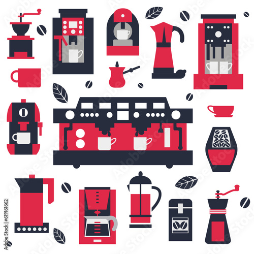 Collection of coffee tools and utensils for brewing and serving, isolated vector clipart. Flat style. Coffee machine, cezve, french press and other coffee house equipment.