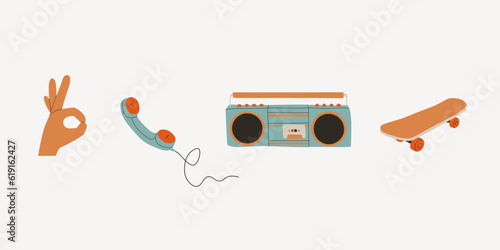 Set of retro elements from the 80s and 90s. Hand gesture ok, tape recorder, skateboard, telephone with a tube. Vector flat trend illustration.