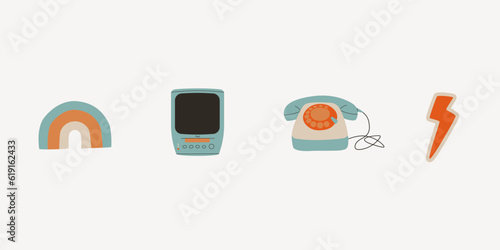 Set of retro elements from the 80s and 90s. TV with VHS, rainbow, landline phone with circular dialing, lightning. Vector flat trend illustration.