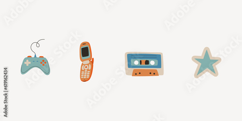 Set of retro elements from the 80s and 90s. Video game joystick, star, clamshell mobile phone, audio cassette. Vector flat trend illustration.
